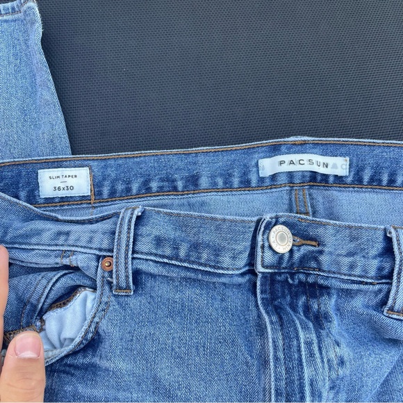 Men’s Blue Distressed PacSun Slim Taper Jeans - Picture 4 of 4